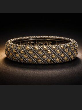 JAI Sterling Silver & 14K Gold Lotus Petal Hinged Bangle – 100g Size 7